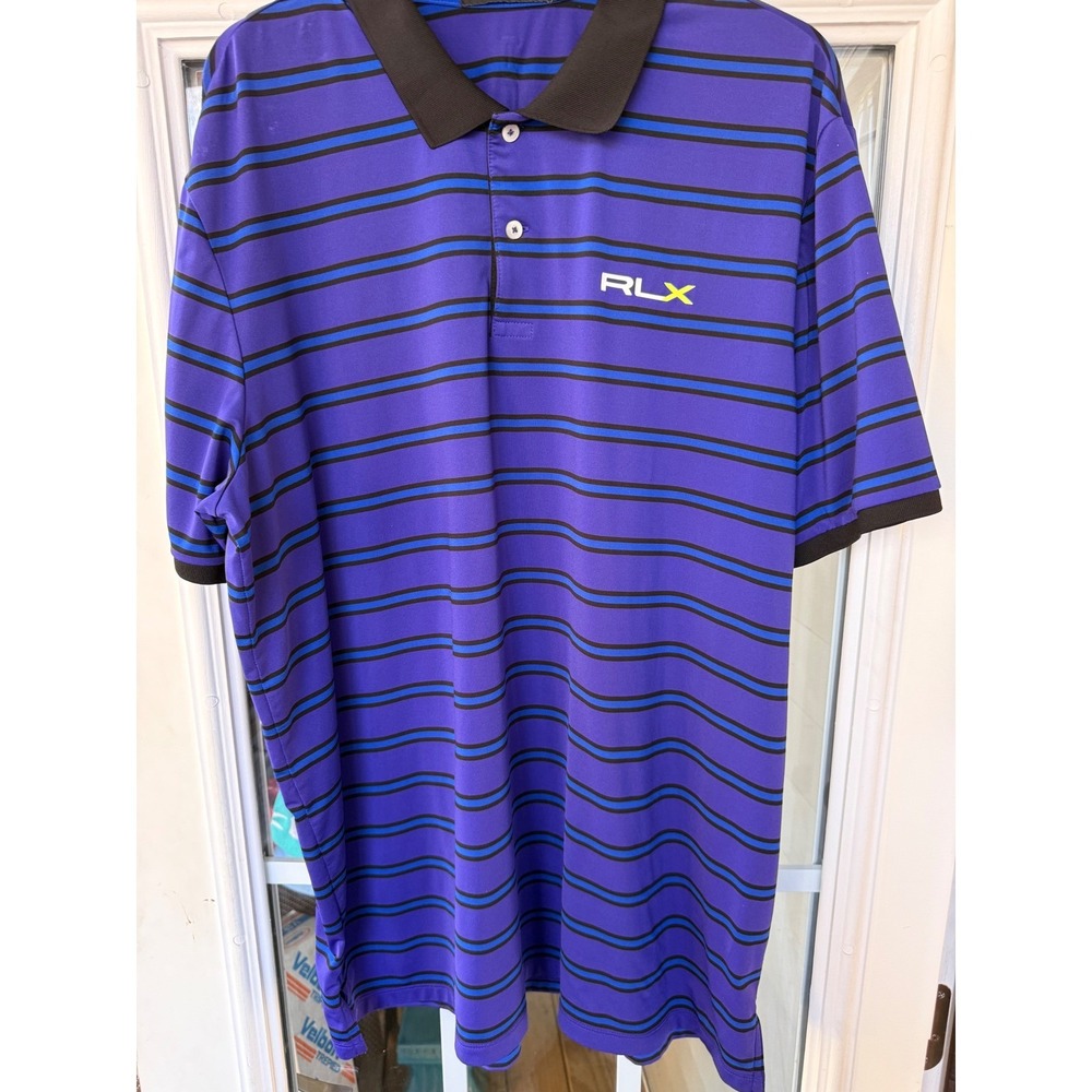 Ralph Lauren RLX performance golf polo purple and navy stripe preppy, classic